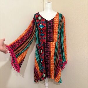 Multicolor Geometric Tribal Boho Pom Pom Flare Sleeve Mini Dress Retro Size 12